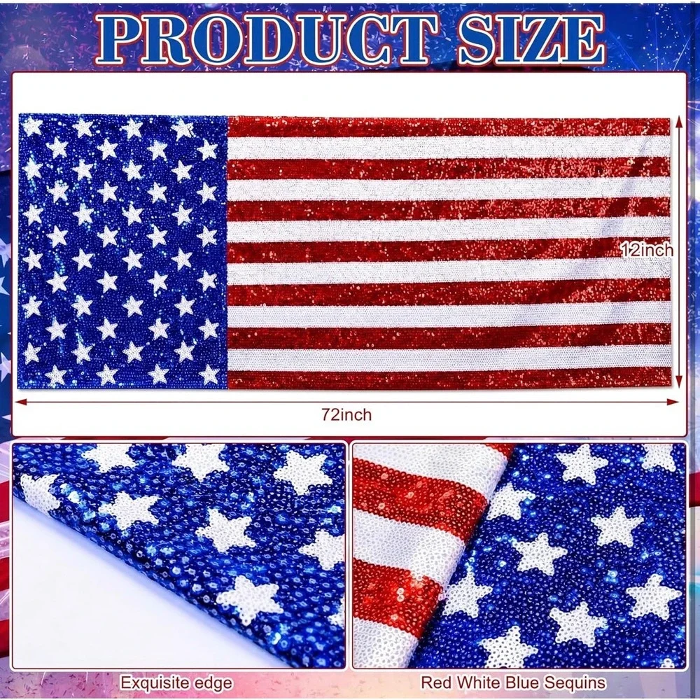 NWT 3 Pc Patriotic Sequin Table Runner Set 4th of July USA Flag 72